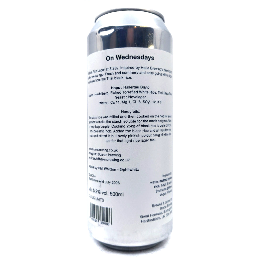 Baron Brewing On Wednesdays Pink Rice Lager 5.2% (500ml can)-Hop Burns & Black