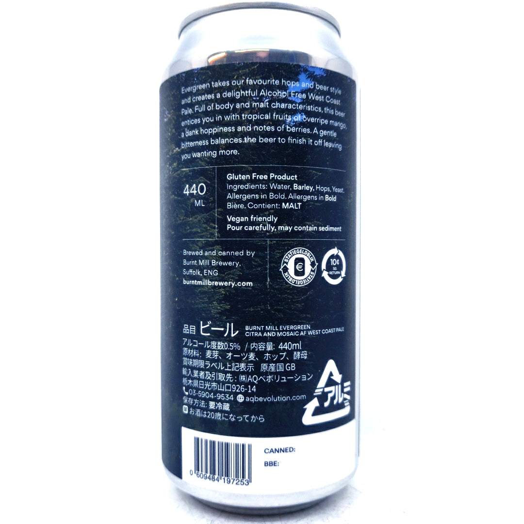 Burnt Mill Evergreen Alcohol Free West Coast Pale Ale 0.5% (440ml can)-Hop Burns & Black