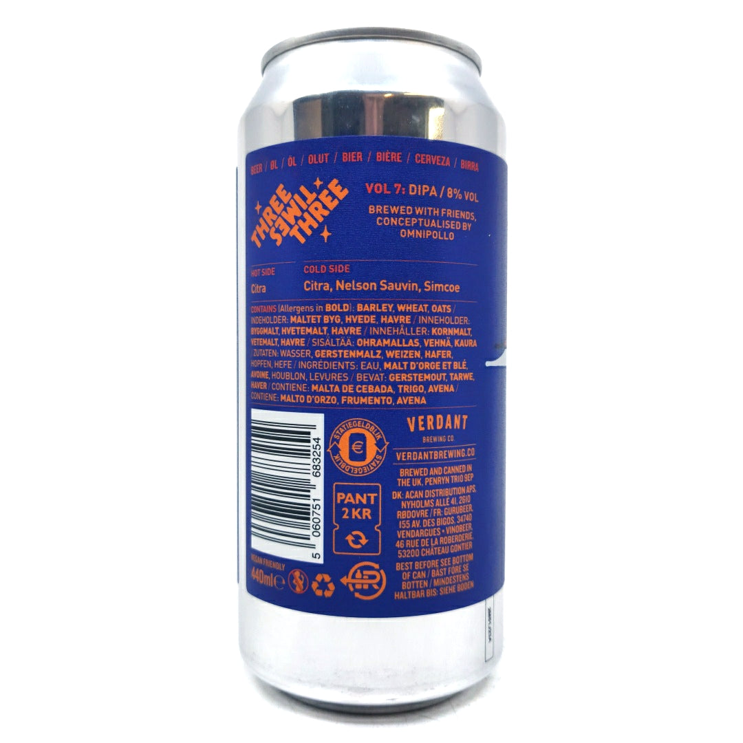 Verdant Three Times Three Vol 7 Double IPA 8% (440ml can)-Hop Burns & Black