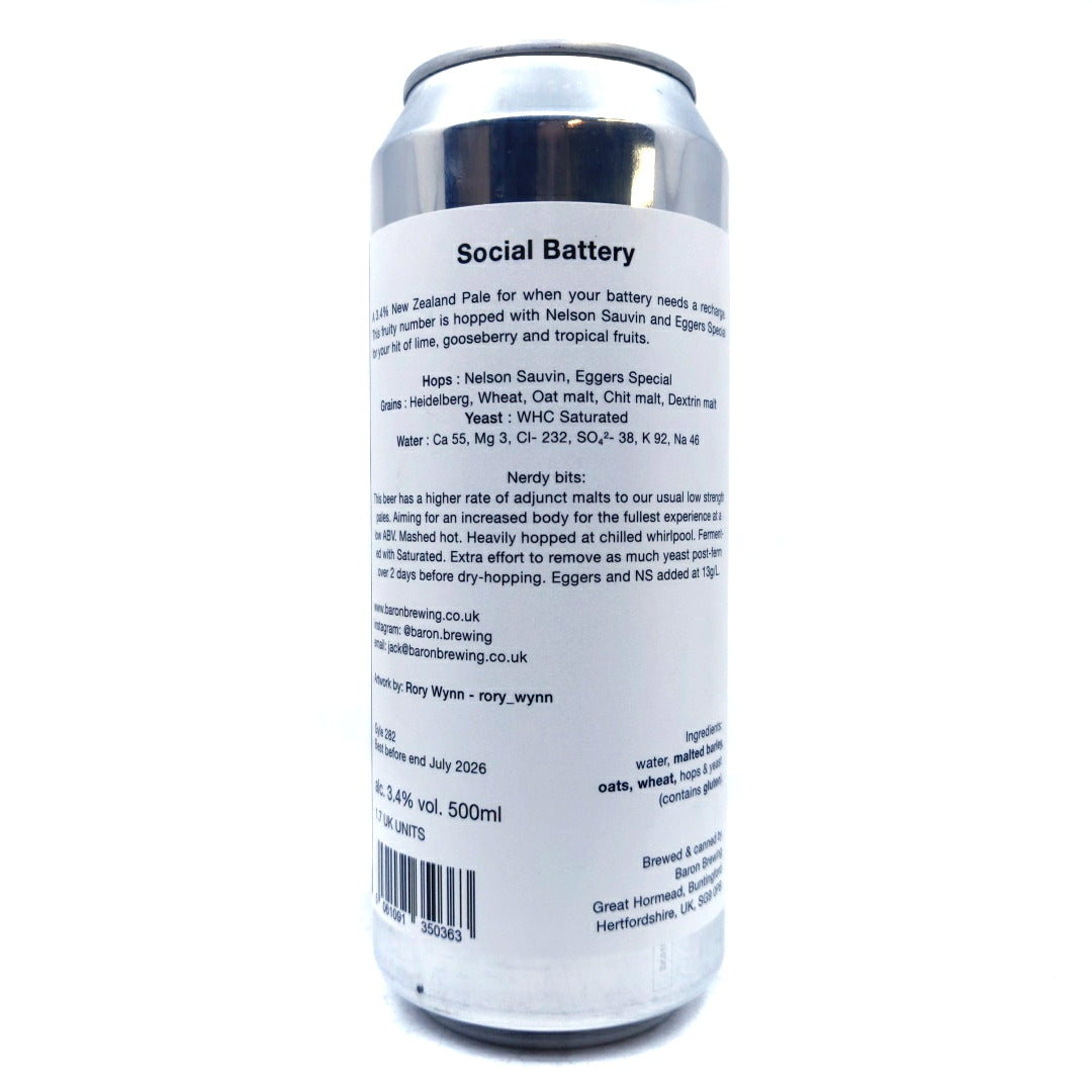Baron Brewing Social Battery NZ Pale 3.4% (500ml can)-Hop Burns & Black