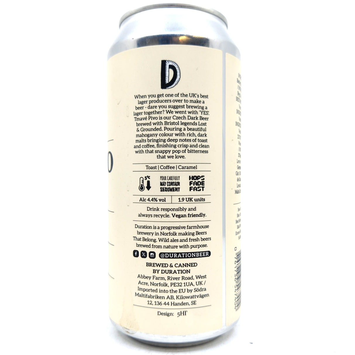 Duration x Lost & Grounded Tmave Pivo Czech Dark Lager 4.4% (440ml can)-Hop Burns & Black