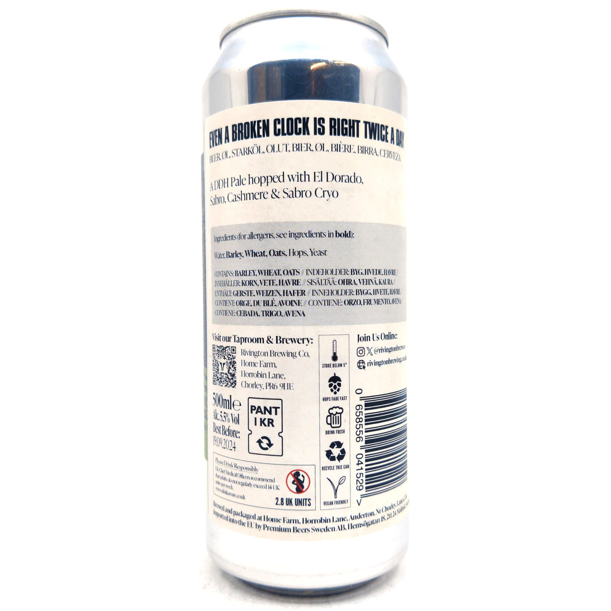 Rivington Even A Broken Clock Is Right Twice A Day DDH Pale Ale 5.5% (500ml can)-Hop Burns & Black
