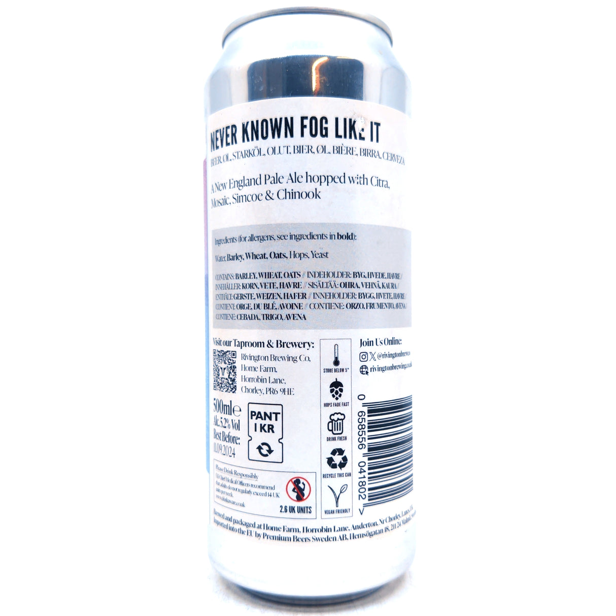 Rivington Never Known Fog Like It Pale Ale 5.2% (500ml can)-Hop Burns & Black