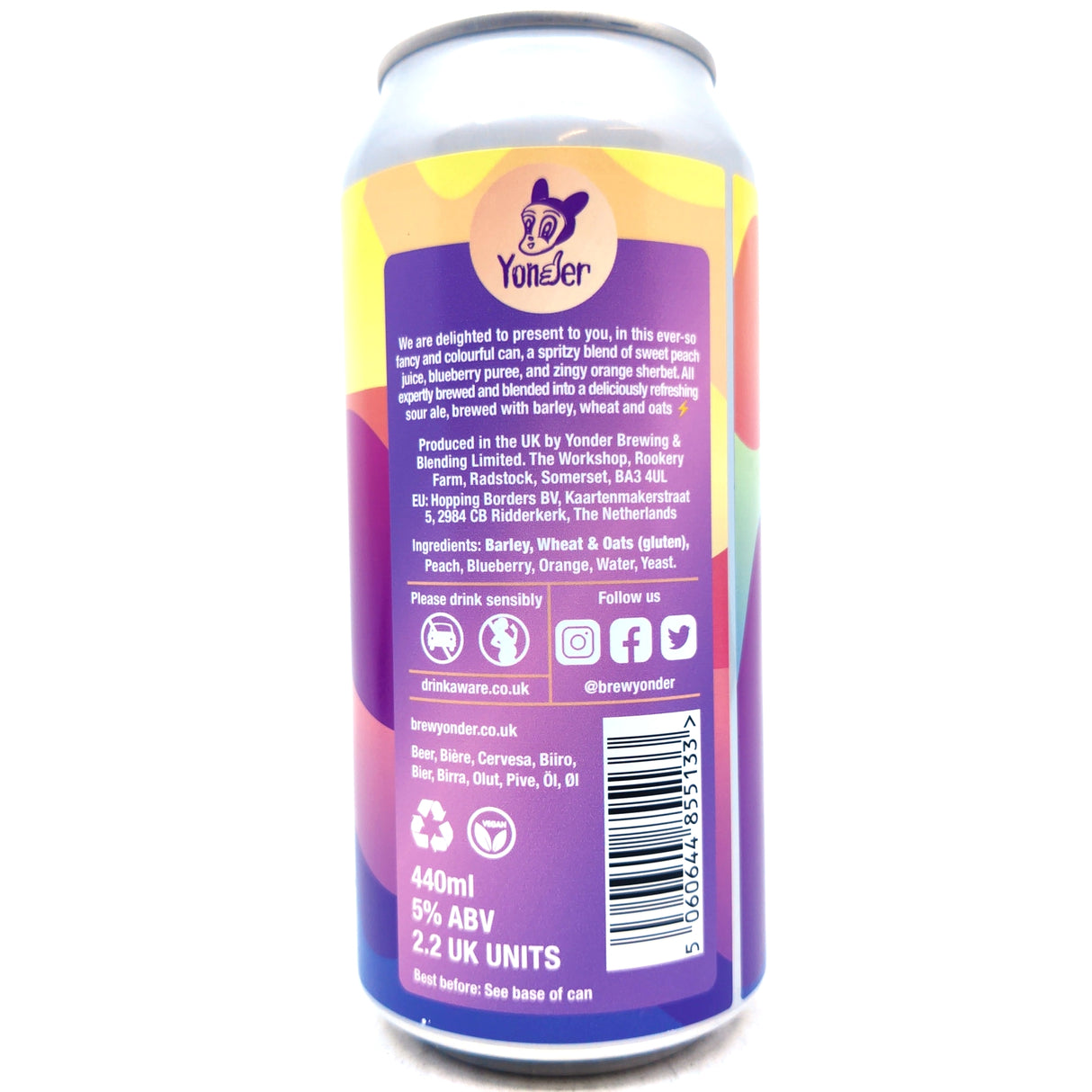 Yonder Peach & Blueberry Zinger Triple Fruited Sherbet Sour 5% (440ml can)-Hop Burns & Black