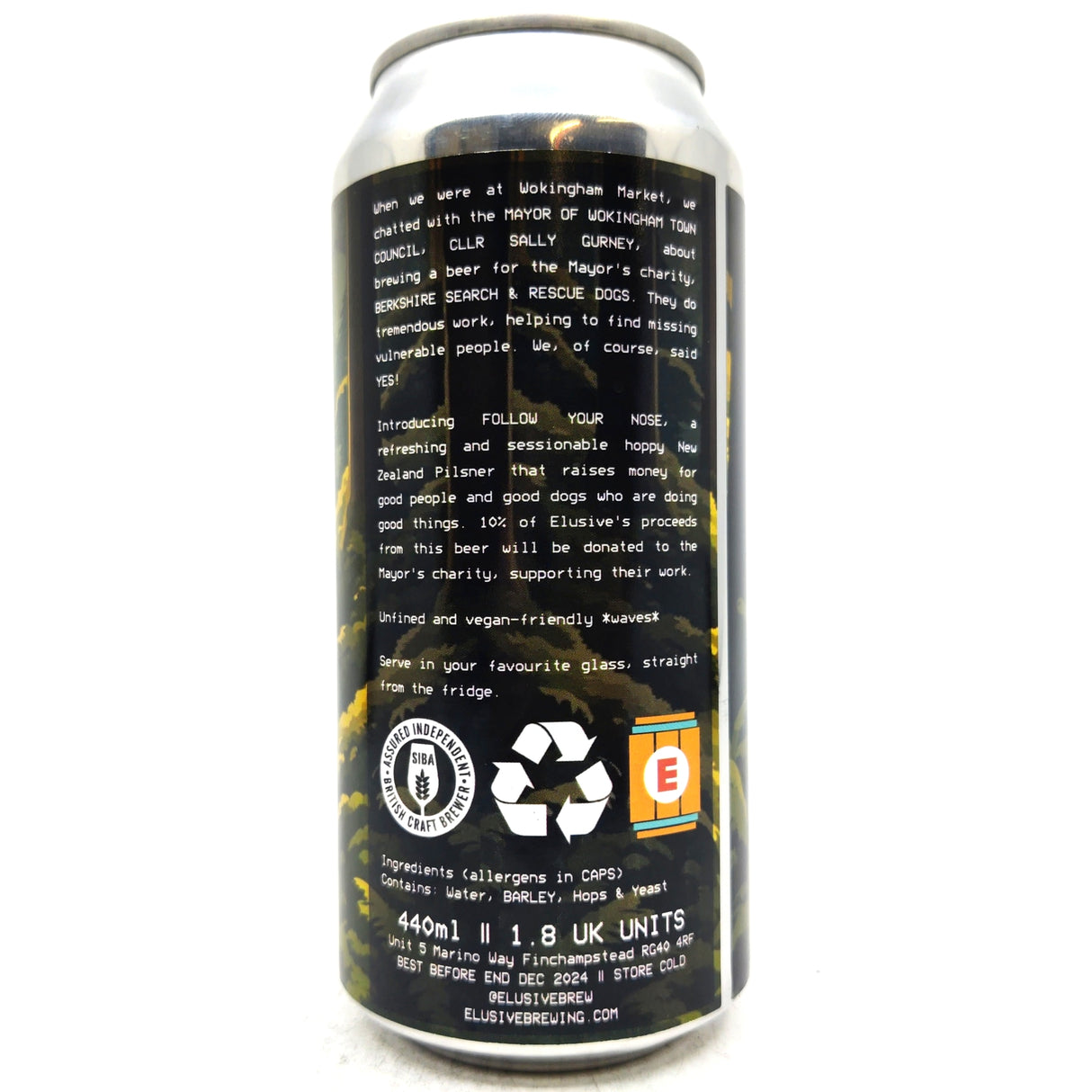 Elusive Brewing Follow Your Nose NZ Pilsner 4% (440ml can)-Hop Burns & Black