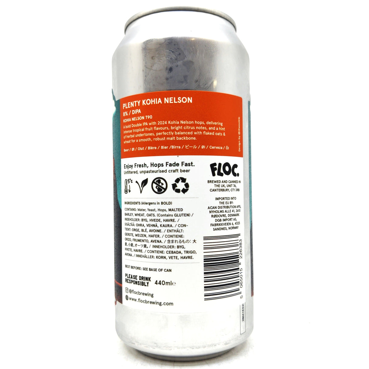 Floc Brewing Plenty Kohia Nelson Double IPA 8% (440ml can)-Hop Burns & Black