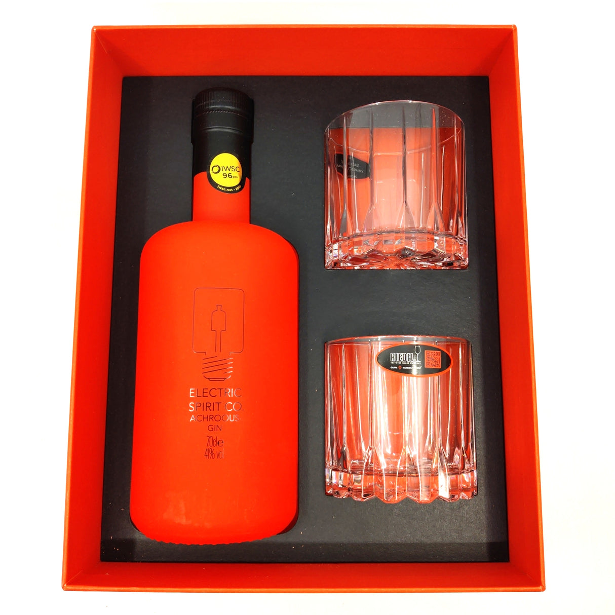 Electric Spirit Co Achroous Gin 41% gift set (700ml bottle + 2 Riedel crystal glasses)-Hop Burns & Black