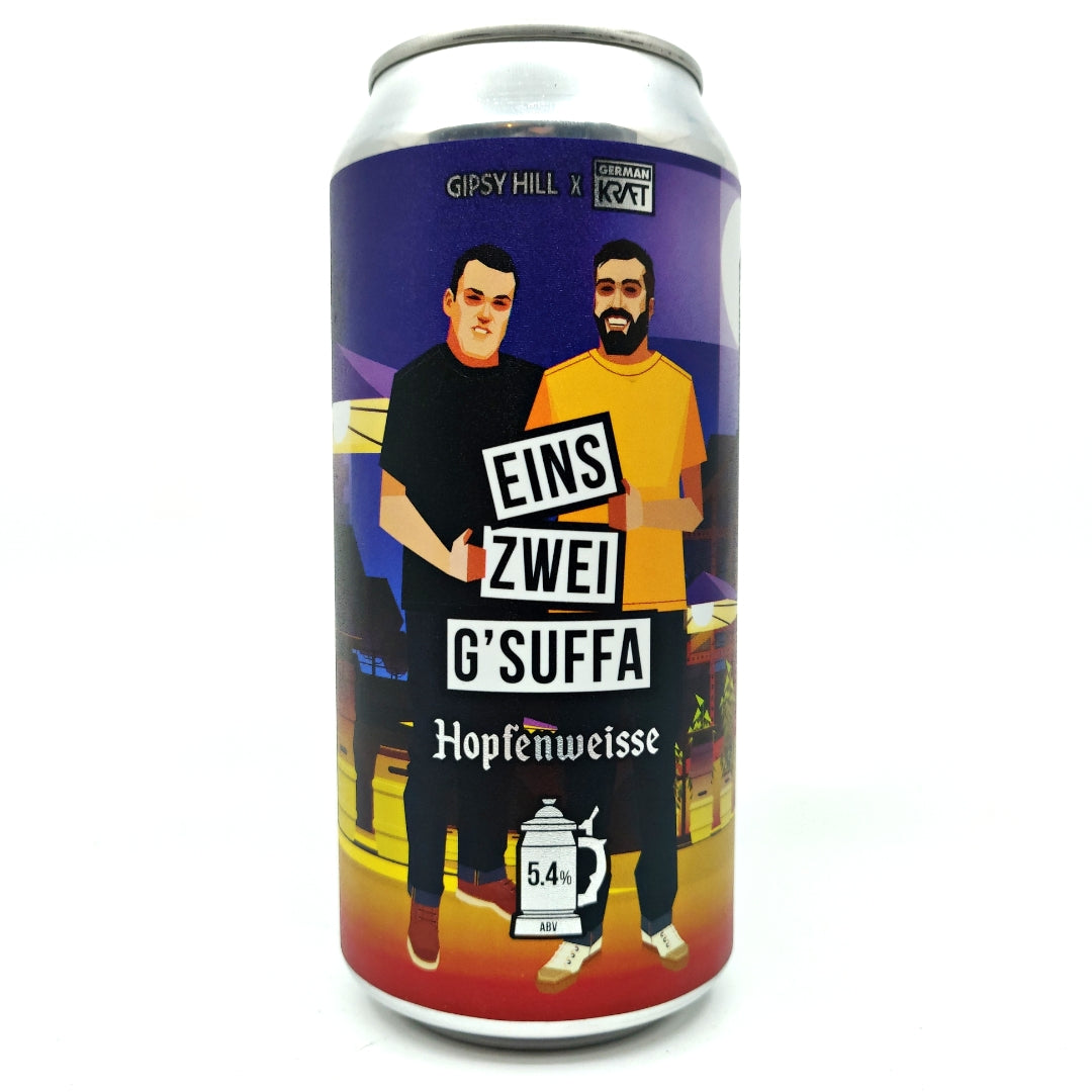 Gipsy Hill x German Kraft Eins, Zwei, G'Suffa Hopfenweisse 5.4% (440ml can)-Hop Burns & Black