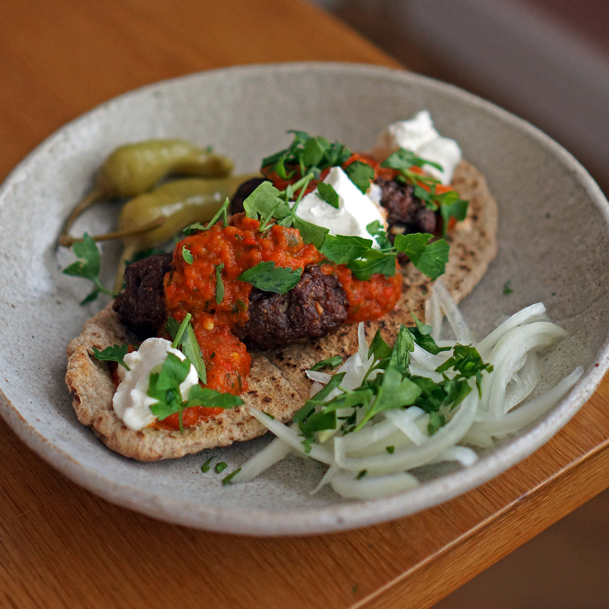 Natural Wine Killers Balkan Cevapi with Ajvar and Flatbread and Maure