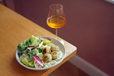 Wine & Food Killers: Lemon-Ricotta Chicken Meatballs with Herb Labneh & a Spring Salad and Cantina Ortaccio Bianco 2021
