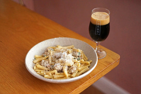 The Beer Lover's Table: Sausage, Oregano & Blue Cheese Pasta with Beak x Boxcar Cubed Double Dark Mild