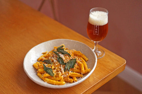 The Beer Lover's Table: Pumpkin, Sausage & Crème Fraîche Pasta With Fried Sage and Hazelnuts and Indie Rabble Marzen Lager