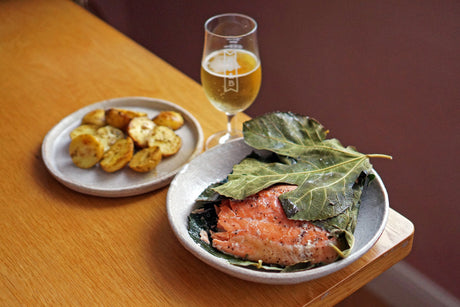 The Beer Lover's Table: Fig-Leaf-Wrapped Roast Salmon With Lemon Potatoes and Burning Sky Woven Brett Pale Ale