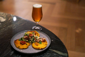 The Beer Lover's Table: Corn Arepas and Tomato Feta Salad with  St Mars of the Desert Smodfest Festbier
