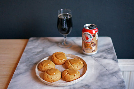 The Beer Lover's Table: Tahini Brown Butter Thumbprint Cookies with Dulce de Leche and Left Hand Peanut Butter Milk Stout