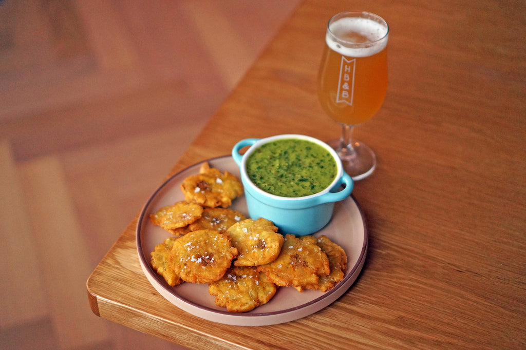The Beer Lover's Table: Tostones (Twice-Fried Plantains) with Mojo Sauce and Indie Rabble Wet George Double IPA