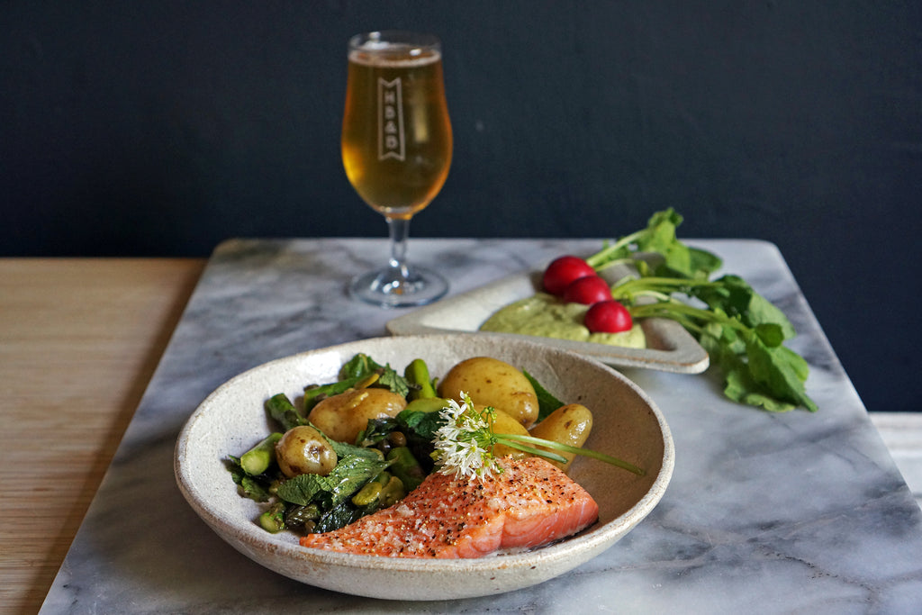 The Beer Lover's Table: Roast Salmon with Spring Vegetables and Wild Garlic Aioli and Donzoko Noble Fabric Export Lager