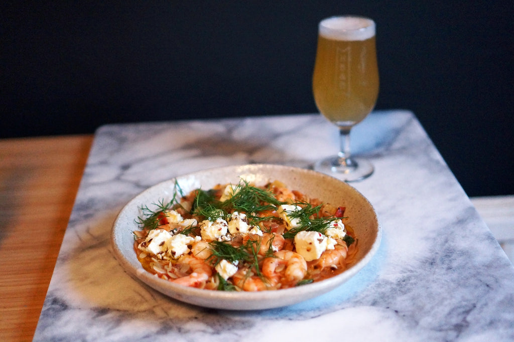 The Beer Lover’s Table: Mediterranean Orzo with Prawns and Marinated Feta and St Bernardus Wit