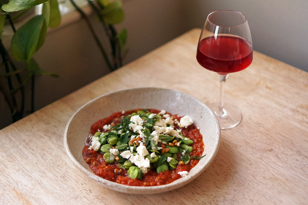 Wine & Food Killers: Warm Spiced Tomatoes and Broad Bean Salad with Andrea Occhipinti Alea Rosa Rosato 2019