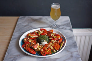 The Beer Lover's Table: Warm Fig-Wrapped Goat Cheese and Tomato Salad with Fig Oil and Burning Sky Saison Ete