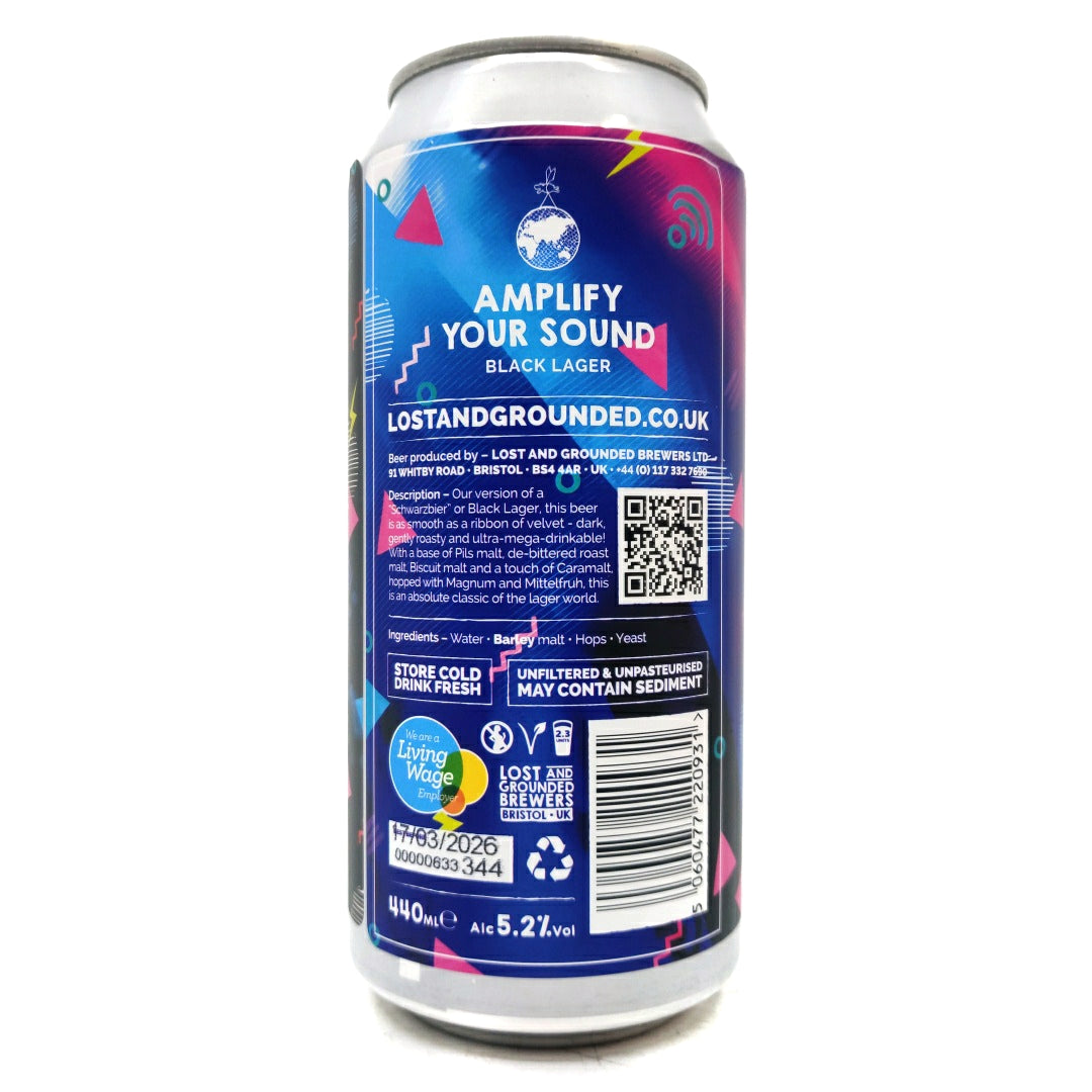Lost & Grounded Amplify Your Sound Black Lager 5.2% (440ml can)-Hop Burns & Black