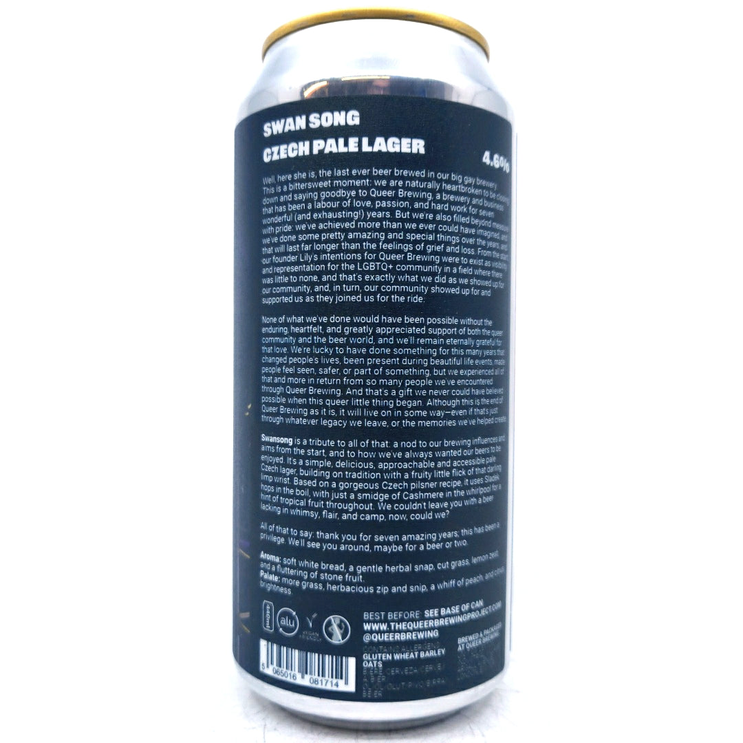 Queer Brewing Swansong Czech Lager 4.6% (440ml can)-Hop Burns & Black